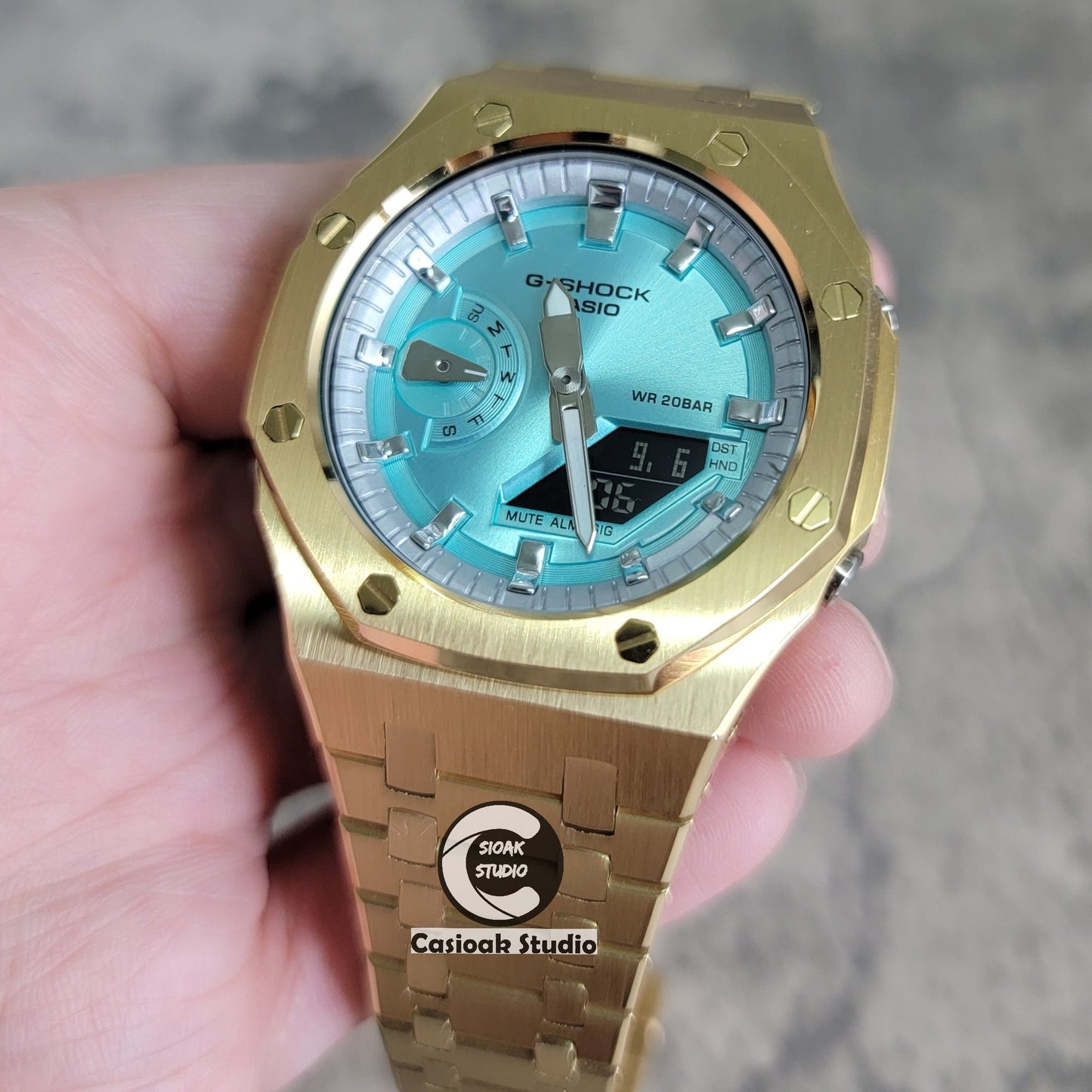 Casioak Mod Watch Gold Case Metal Strap Silver Time Mark Tiff Blue Dial 44mm- Casioak Mod Casio G-Shock Royal Oak Custom Mens Luxury Watches Ga2100