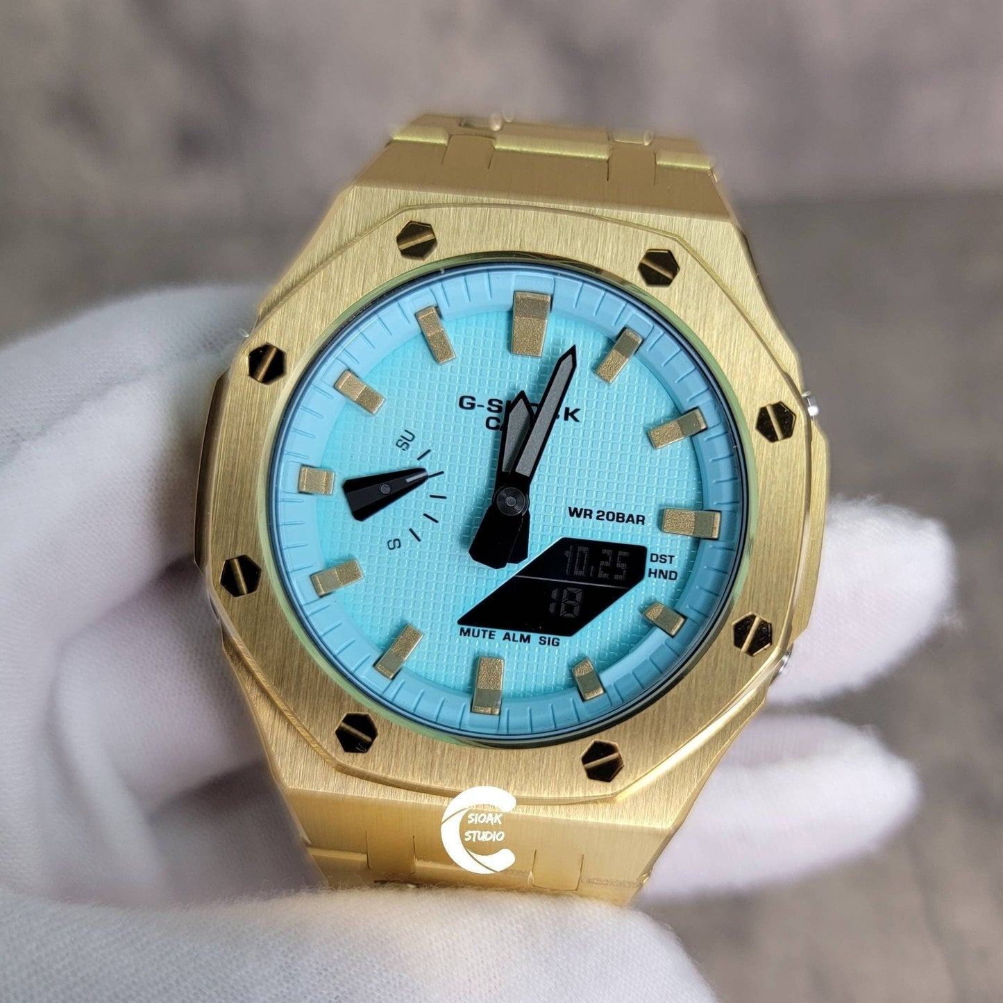 Casioak Mod Watch Gold Case Metal Strap Tiff Gold Time Mark Tiff Blue Dial 44mm- Casioak Mod Casio G-Shock Royal Oak Custom Mens Luxury Watches Ga2100