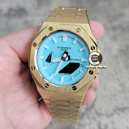 Casioak Mod Watch Gold Case Metal Strap Tiff Gold Time Mark Tiff Blue Dial 44mm- Casioak Mod Casio G-Shock Royal Oak Custom Mens Luxury Watches Ga2100