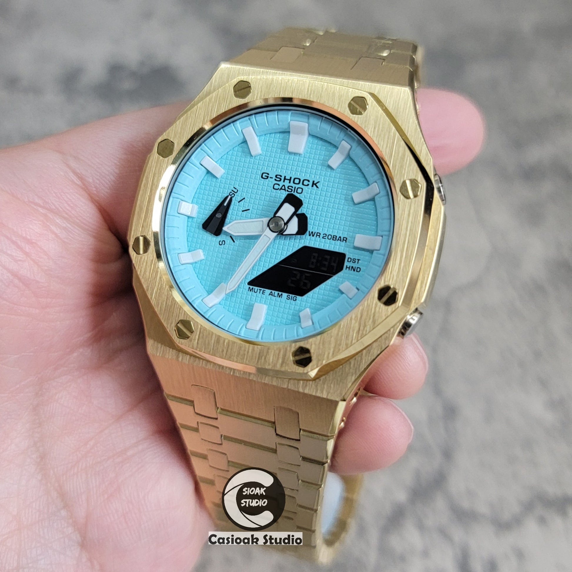 Casioak Mod Watch Gold Case Metal Strap Tiff Gold Time Mark Tiff Blue Dial 44mm- Casioak Mod Casio G-Shock Royal Oak Custom Mens Luxury Watches Ga2100