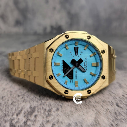 Casioak Mod Watch Gold Case Metal Strap Tiff Gold Time Mark Tiff Blue Dial 44mm- Casioak Mod Casio G-Shock Royal Oak Custom Mens Luxury Watches Ga2100