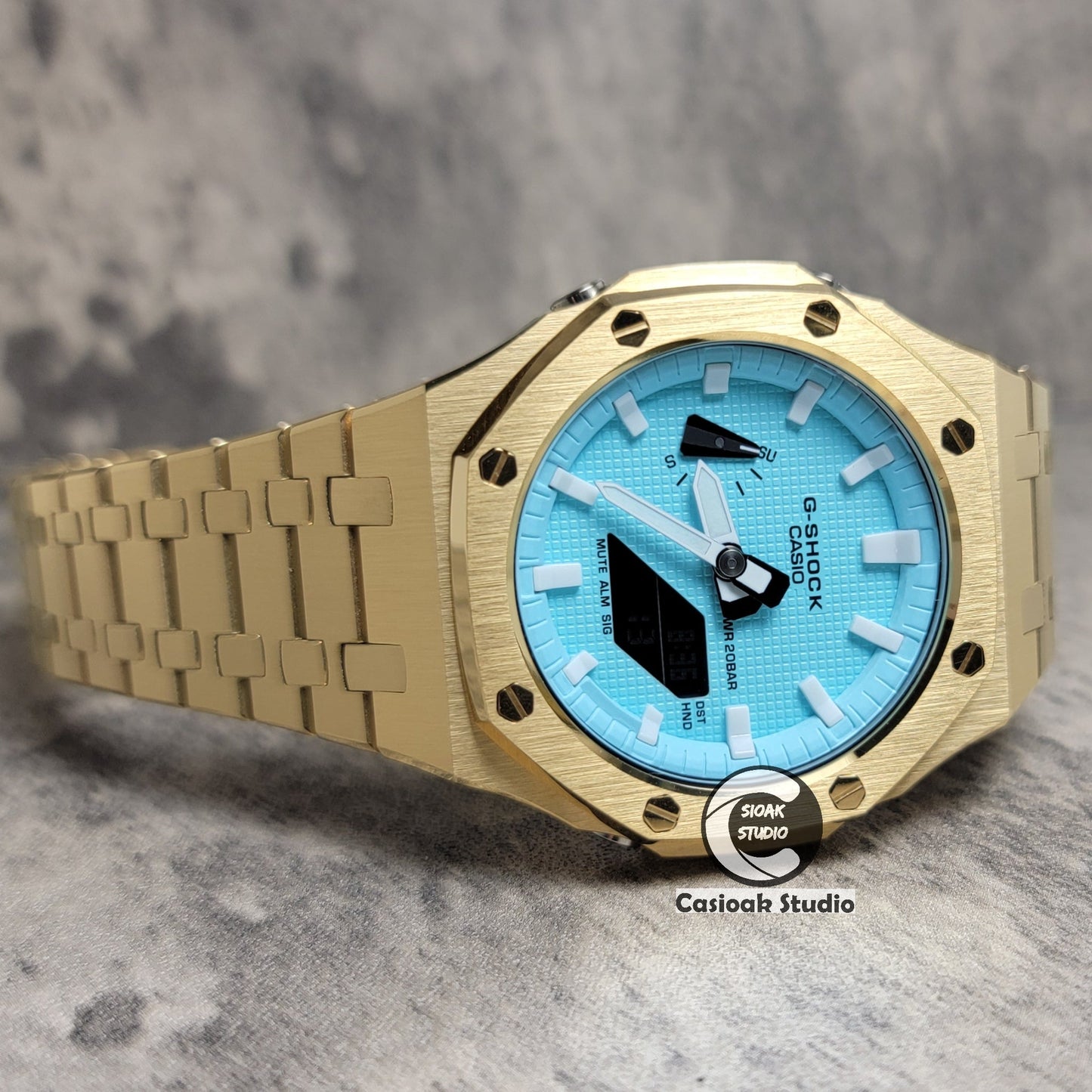 Casioak Mod Watch Gold Case Metal Strap Tiff Gold Time Mark Tiff Blue Dial 44mm- Casioak Mod Casio G-Shock Royal Oak Custom Mens Luxury Watches Ga2100