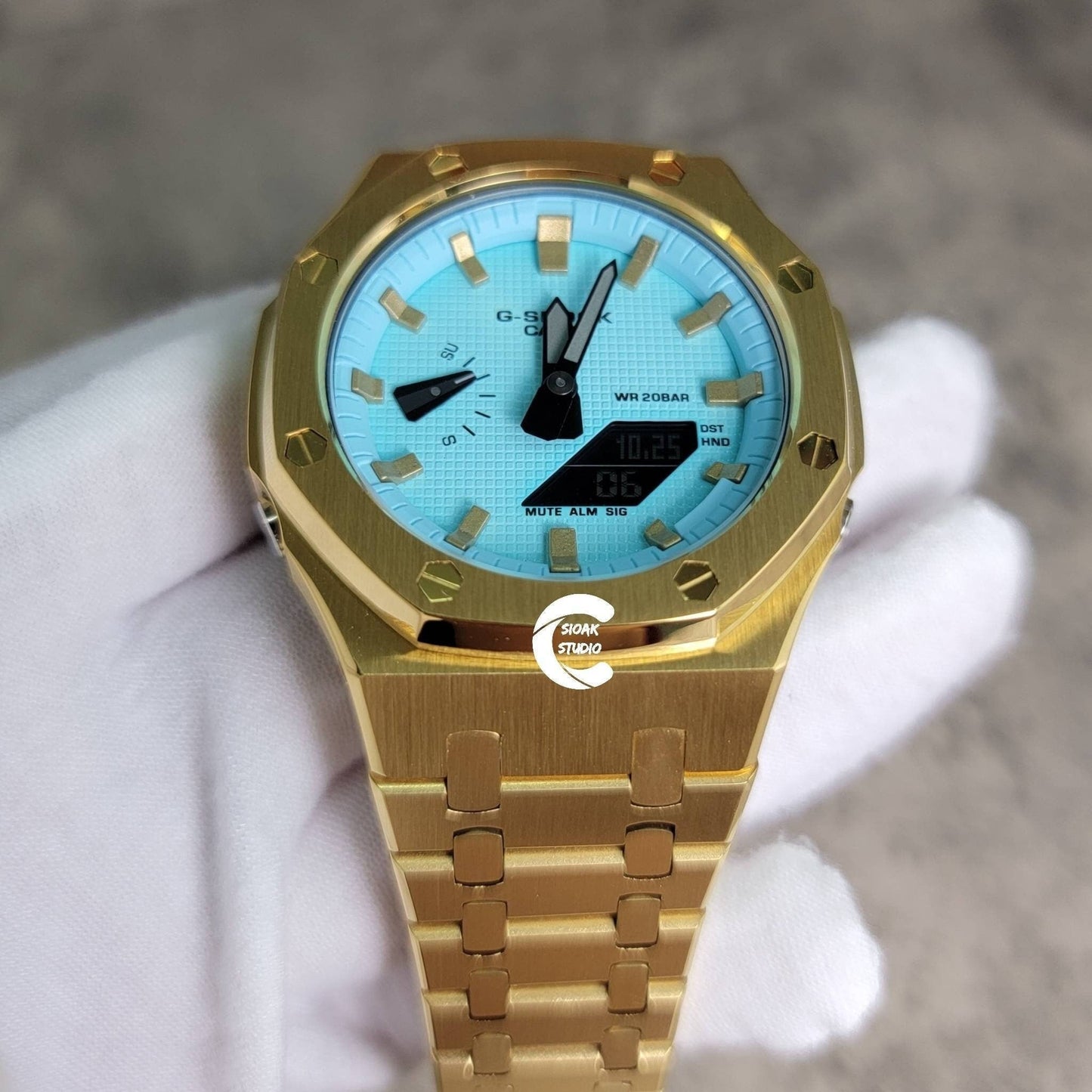 Casioak Mod Watch Gold Case Metal Strap Tiff Gold Time Mark Tiff Blue Dial 44mm- Casioak Mod Casio G-Shock Royal Oak Custom Mens Luxury Watches Ga2100