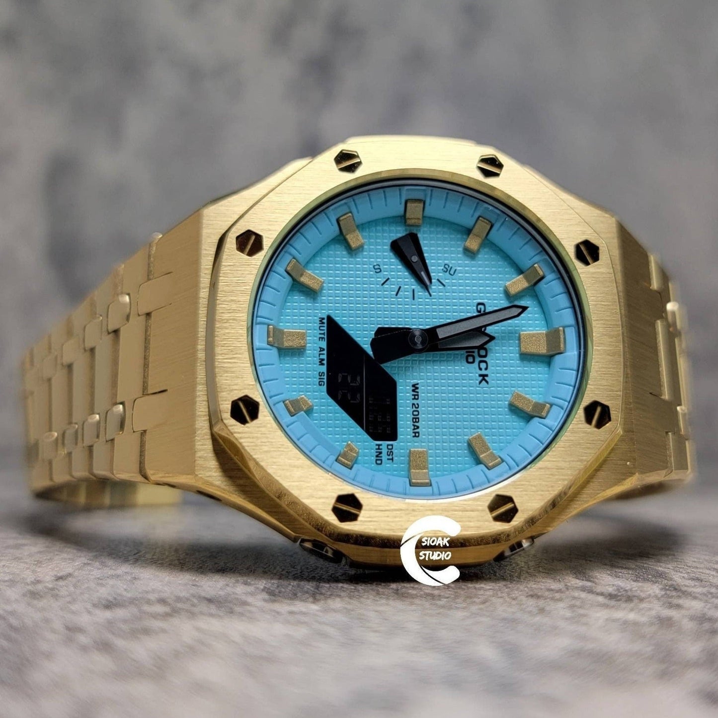 Casioak Mod Watch Gold Case Metal Strap Tiff Gold Time Mark Tiff Blue Dial 44mm- Casioak Mod Casio G-Shock Royal Oak Custom Mens Luxury Watches Ga2100