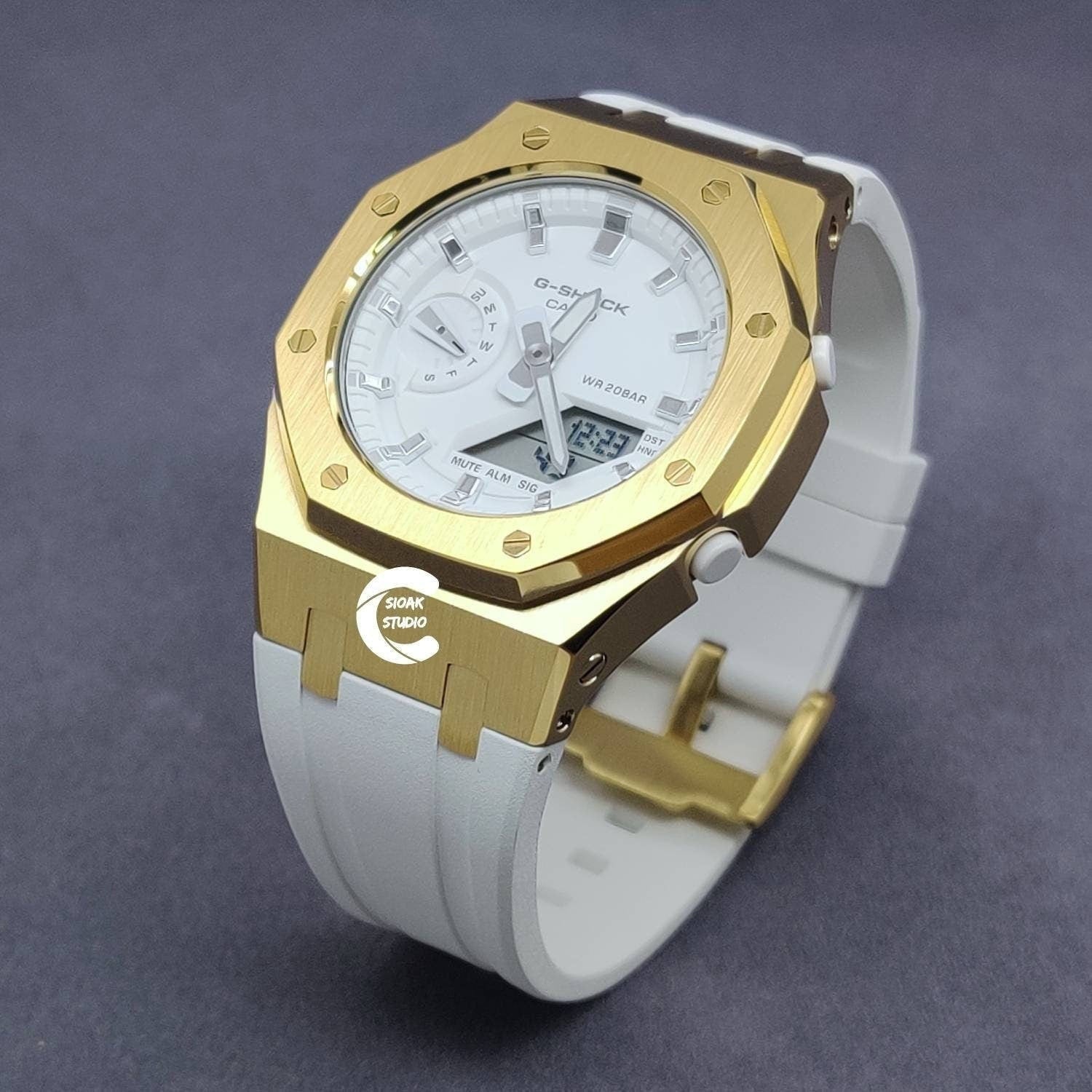 Casioak Mod Watch Gold Case White Rubber Strap White Silver Time Mark White Dial 42mm- Casioak Mod Casio G-Shock Royal Oak Custom Mens Luxury Watches Ga2100