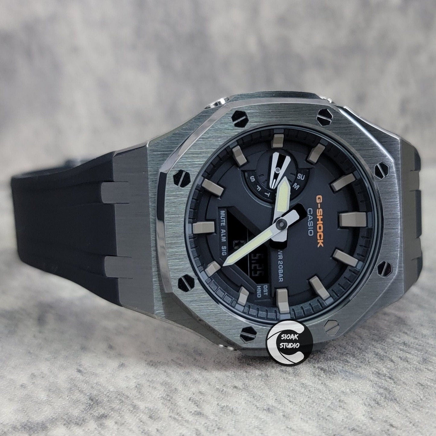 Casioak Mod Watch Gray Case Black Rubber Strap Black Gray Time Mark Black Dial 44mm- Casioak Mod Casio G-Shock Royal Oak Custom Mens Luxury Watches Ga2100