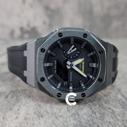 Casioak Mod Watch Gray Case Black Rubber Strap Black Gray Time Mark Black Dial 44mm- Casioak Mod Casio G-Shock Royal Oak Custom Mens Luxury Watches Ga2100