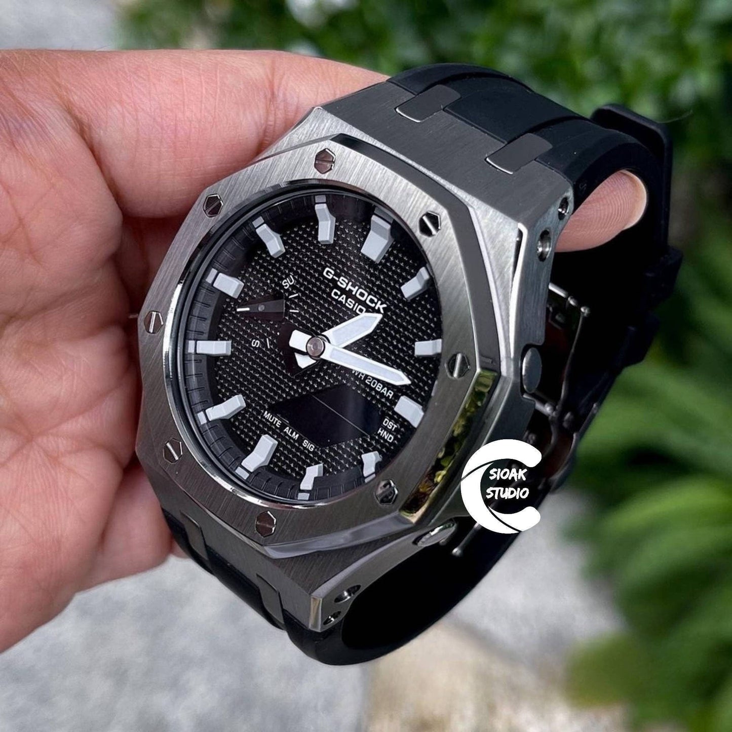 Casioak Mod Watch Gray Case Black Rubber Strap Black Light Gray Time Mark Black Dial 44mm- Casioak Mod Casio G-Shock Royal Oak Custom Mens Luxury Watches Ga2100