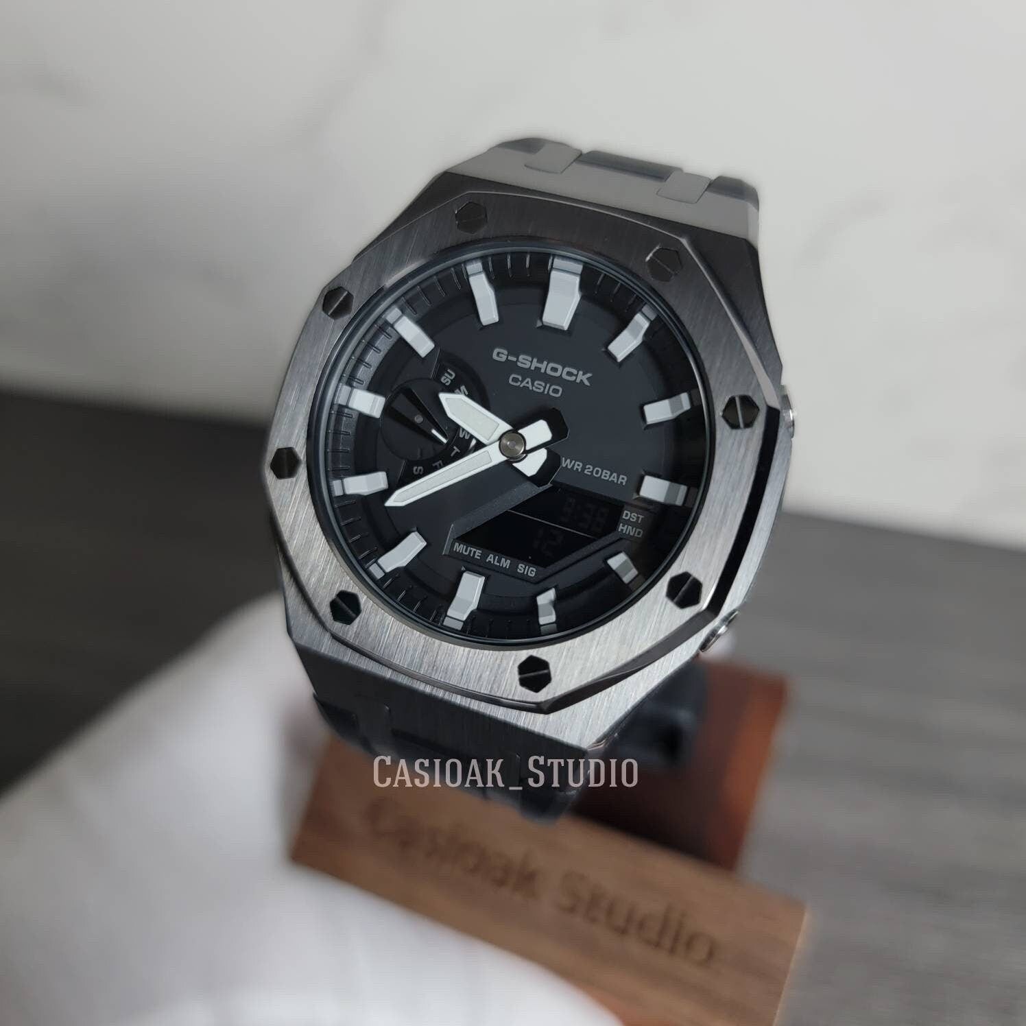 Casioak Mod Watch Gray Case Black Rubber Strap Black Light Gray Time Mark Black Dial 44mm- Casioak Mod Casio G-Shock Royal Oak Custom Mens Luxury Watches Ga2100