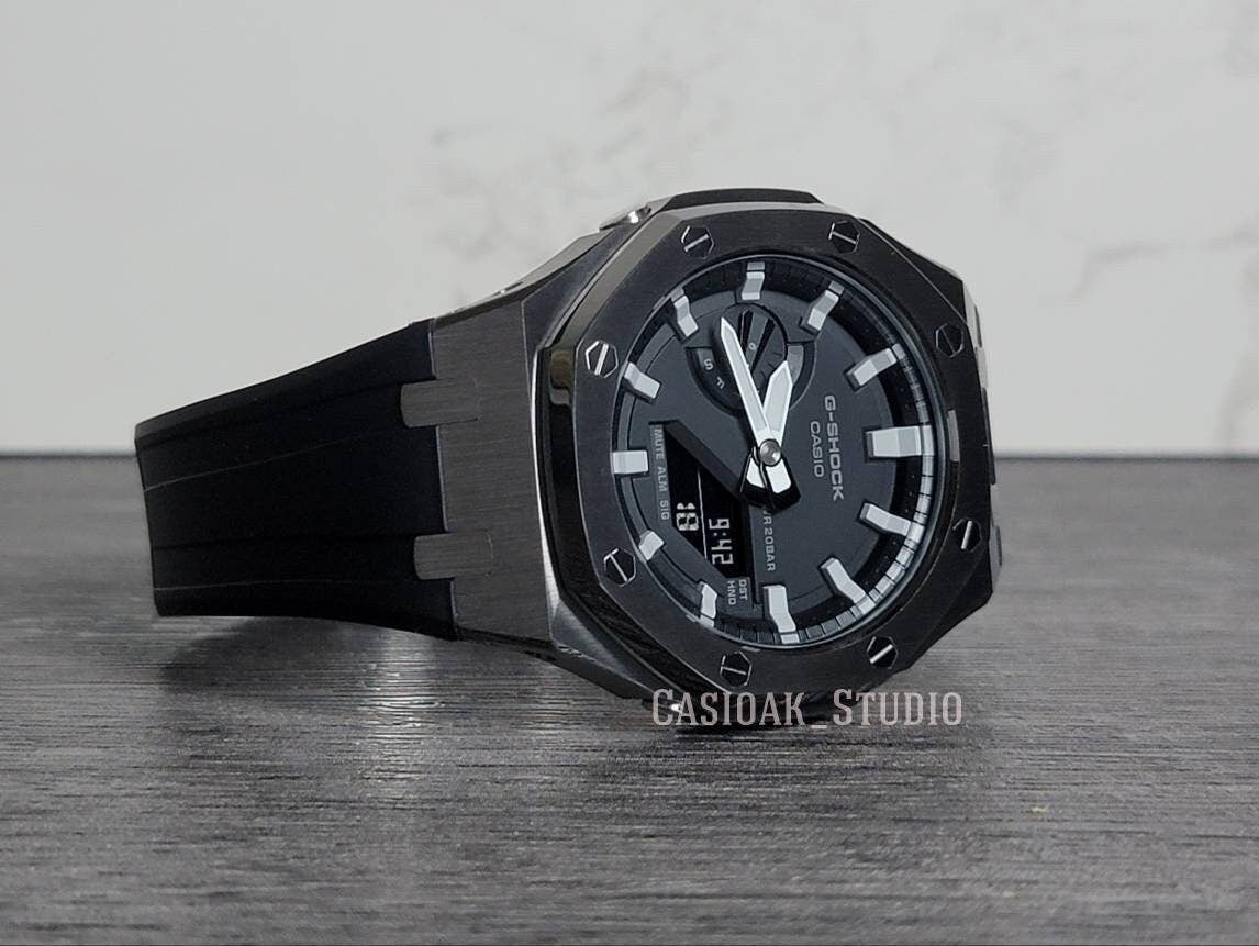 Casioak Mod Watch Gray Case Black Rubber Strap Black Light Gray Time Mark Black Dial 44mm- Casioak Mod Casio G-Shock Royal Oak Custom Mens Luxury Watches Ga2100