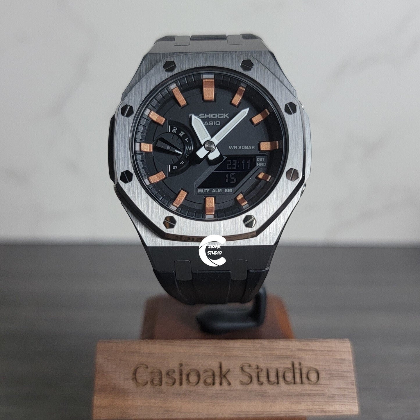 Casioak Mod Watch Gray Case Black Rubber Strap Black Rose Gold Time Mark Black Dial 44mm- Casioak Mod Casio G-Shock Royal Oak Custom Mens Luxury Watches Ga2100