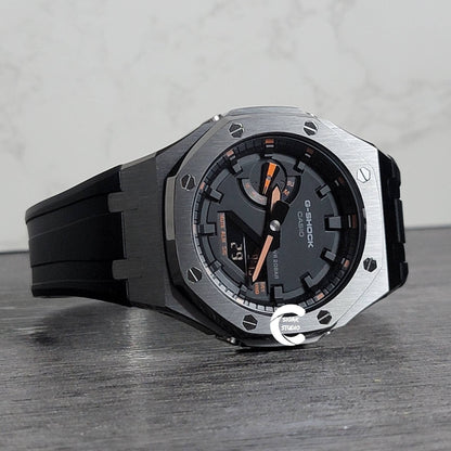 Casioak Mod Watch Gray Case Black Rubber Strap Black Time Mark Black Dial 44mm- Casioak Mod Casio G-Shock Royal Oak Custom Mens Luxury Watches Ga2100