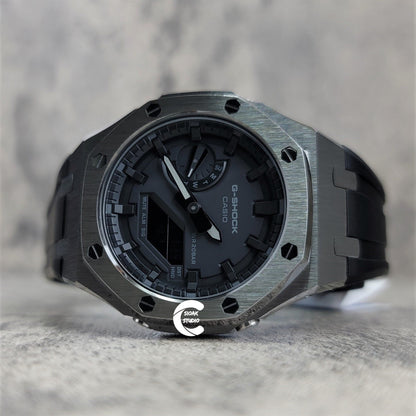 Casioak Mod Watch Gray Case Black Rubber Strap Black Time Mark Black Dial 44mm- Casioak Mod Casio G-Shock Royal Oak Custom Mens Luxury Watches Ga2100