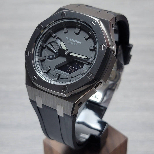 Casioak Mod Watch Gray Case Black Rubber Strap Black Time Mark Black Dial 44mm- Casioak Mod Casio G-Shock Royal Oak Custom Mens Luxury Watches Ga2100