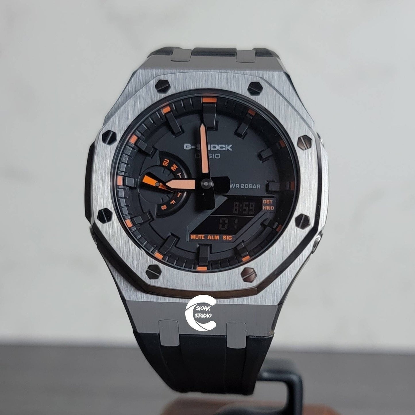 Casioak Mod Watch Gray Case Black Rubber Strap Black Time Mark Black Dial 44mm- Casioak Mod Casio G-Shock Royal Oak Custom Mens Luxury Watches Ga2100