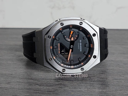 Casioak Mod Watch Gray Case Black Rubber Strap Black Time Mark Black Dial 44mm Orange- Casioak Mod Casio G-Shock Royal Oak Custom Mens Luxury Watches Ga2100