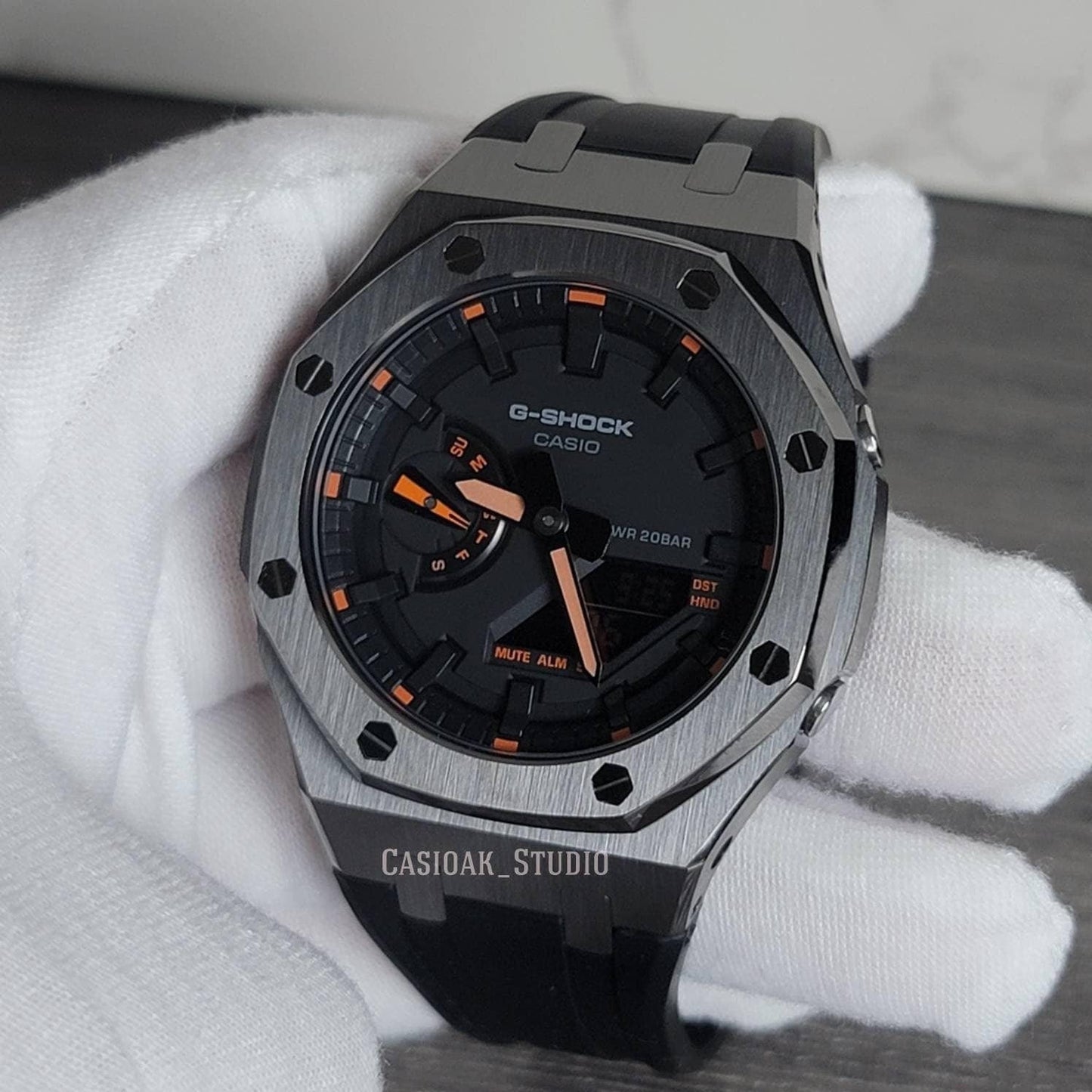 Casioak Mod Watch Gray Case Black Rubber Strap Black Time Mark Black Dial 44mm Orange- Casioak Mod Casio G-Shock Royal Oak Custom Mens Luxury Watches Ga2100