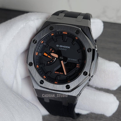 Casioak Mod Watch Gray Case Black Rubber Strap Black Time Mark Black Dial 44mm Orange- Casioak Mod Casio G-Shock Royal Oak Custom Mens Luxury Watches Ga2100