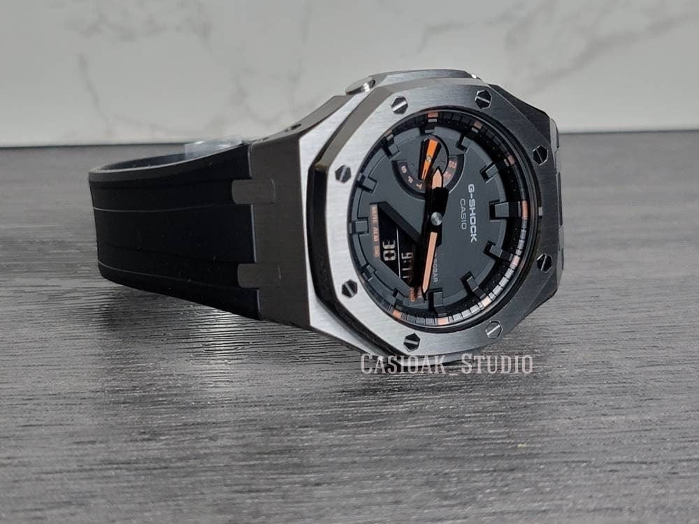 Casioak Mod Watch Gray Case Black Rubber Strap Black Time Mark Black Dial 44mm Orange- Casioak Mod Casio G-Shock Royal Oak Custom Mens Luxury Watches Ga2100