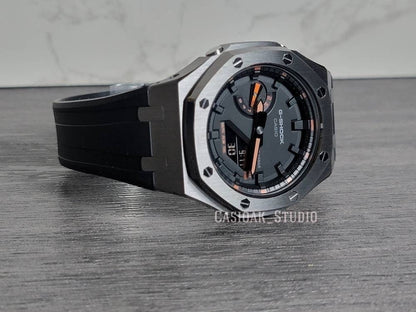 Casioak Mod Watch Gray Case Black Rubber Strap Black Time Mark Black Dial 44mm Orange- Casioak Mod Casio G-Shock Royal Oak Custom Mens Luxury Watches Ga2100