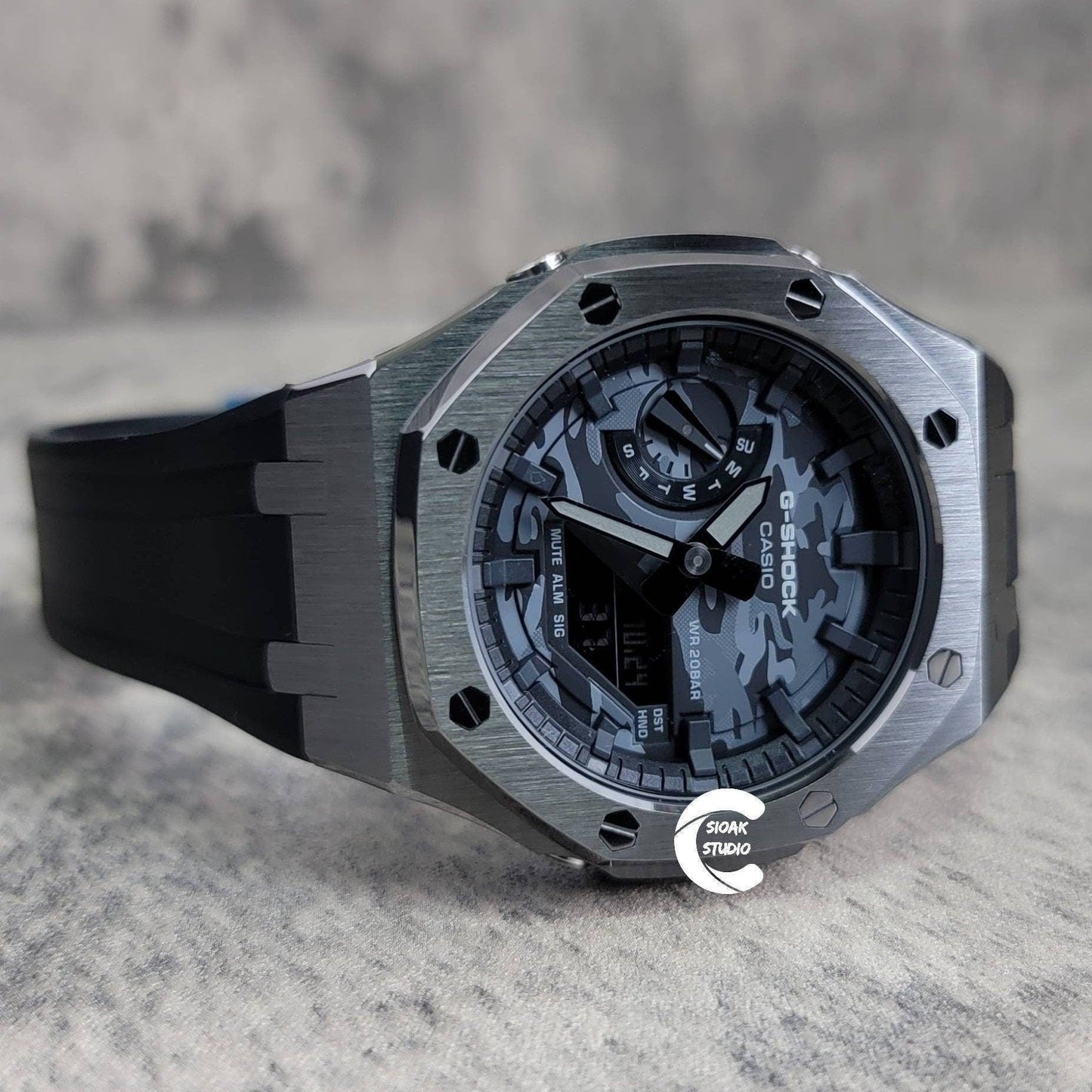 Casioak Mod Watch Gray Case Black Rubber Strap Black Time Mark Camouflage Dial 44mm- Casioak Mod Casio G-Shock Royal Oak Custom Mens Luxury Watches Ga2100