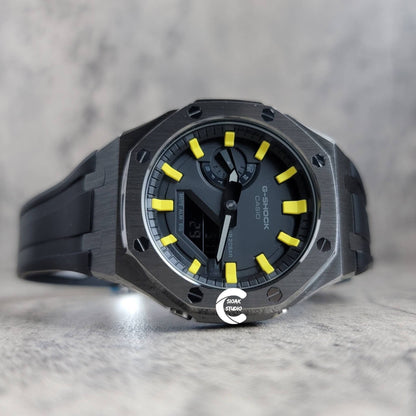 Casioak Mod Watch Gray Case Black Rubber Strap Black Yellow Time Mark Black Dial 44mm- Casioak Mod Casio G-Shock Royal Oak Custom Mens Luxury Watches Ga2100