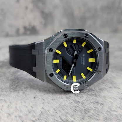 Casioak Mod Watch Gray Case Black Rubber Strap Black Yellow Time Mark Black Dial 44mm- Casioak Mod Casio G-Shock Royal Oak Custom Mens Luxury Watches Ga2100