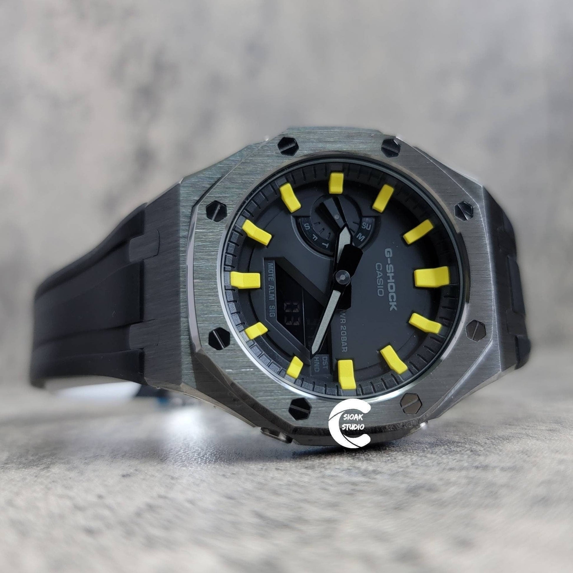 Casioak Mod Watch Gray Case Black Rubber Strap Black Yellow Time Mark Black Dial 44mm Custom G-SHOCK Birthday Gifts Anniversary Christmas- Casioak Mod Casio G-Shock Royal Oak Custom Mens Luxury Watches Ga2100