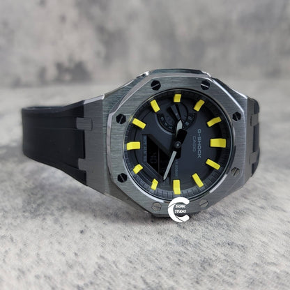 Casioak Mod Watch Gray Case Black Rubber Strap Black Yellow Time Mark Black Dial 44mm Custom G-SHOCK Birthday Gifts Anniversary Christmas- Casioak Mod Casio G-Shock Royal Oak Custom Mens Luxury Watches Ga2100