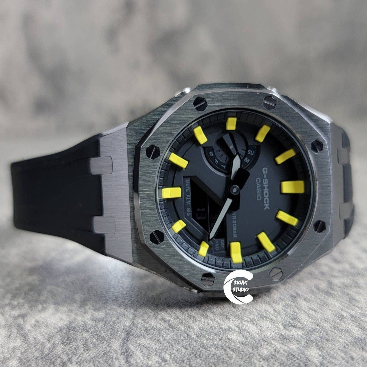 Casioak Mod Watch Gray Case Black Rubber Strap Black Yellow Time Mark Black Dial 44mm Custom G-SHOCK Birthday Gifts Anniversary Christmas- Casioak Mod Casio G-Shock Royal Oak Custom Mens Luxury Watches Ga2100