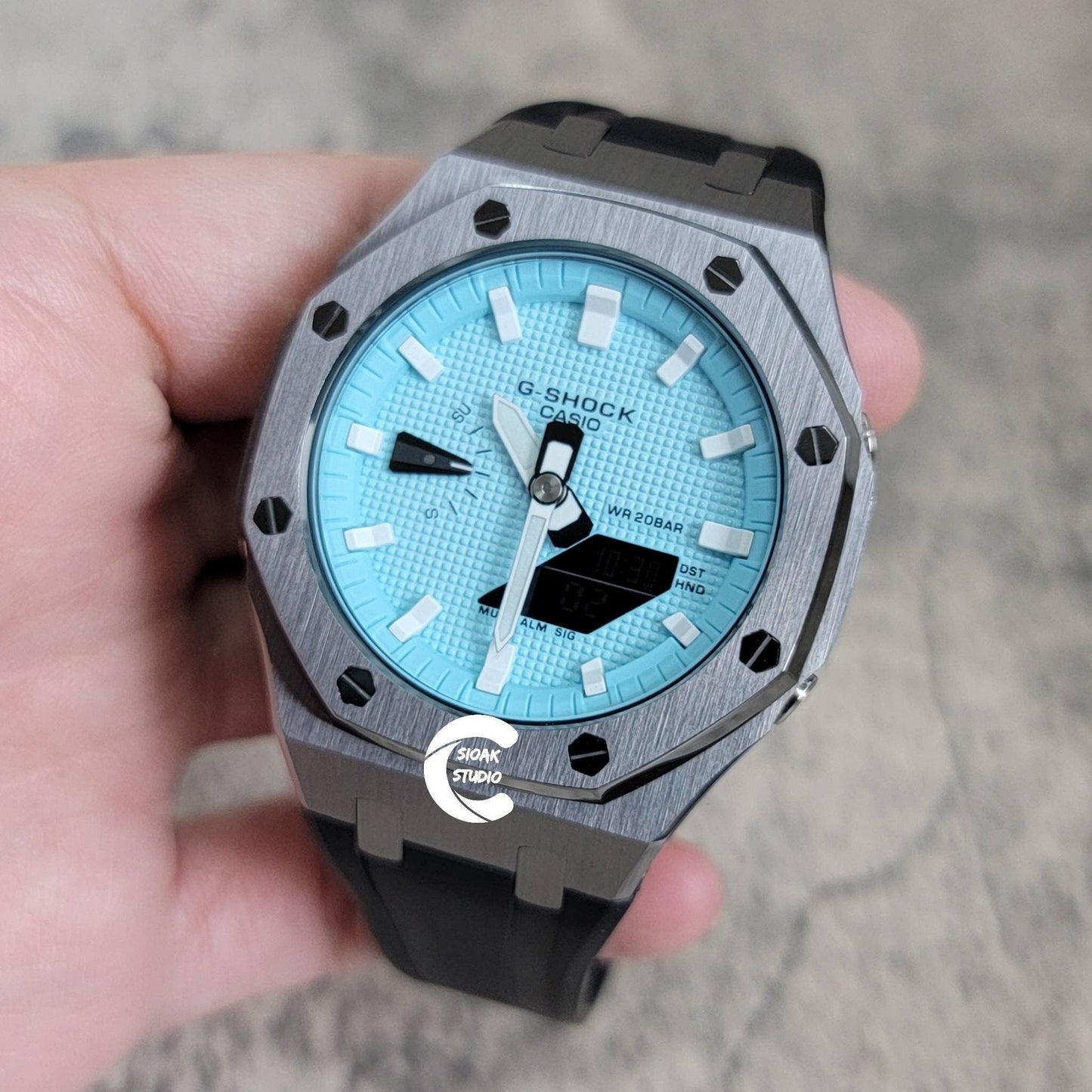 Casioak Mod Watch Gray Case Black Rubber Strap Tiff White Time Mark Tiff Blue Dial 44mm- Casioak Mod Casio G-Shock Royal Oak Custom Mens Luxury Watches Ga2100