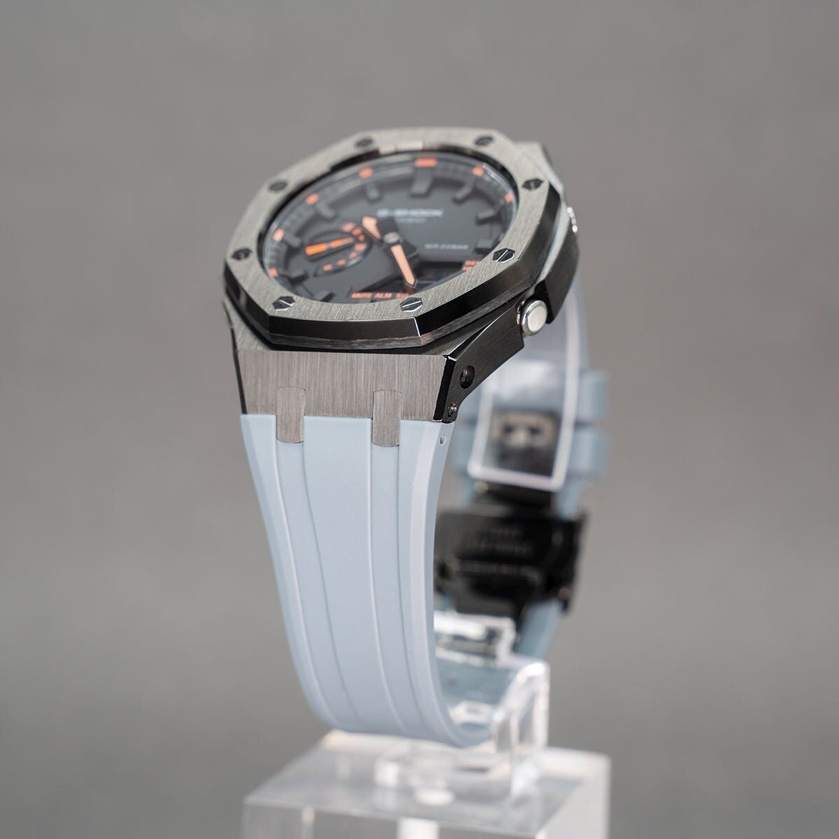 Casioak Mod Watch Gray Case Gray Rubber Strap Black Time Mark Black Dial 44mm Orange- Casioak Mod Casio G-Shock Royal Oak Custom Mens Luxury Watches Ga2100