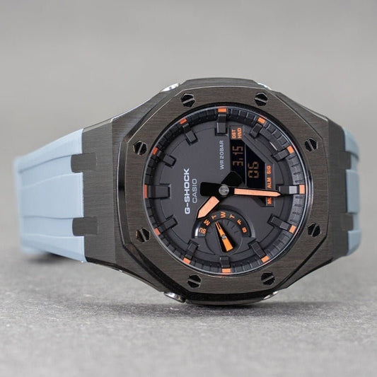 Casioak Mod Watch Gray Case Gray Rubber Strap Black Time Mark Black Dial 44mm Orange- Casioak Mod Casio G-Shock Royal Oak Custom Mens Luxury Watches Ga2100