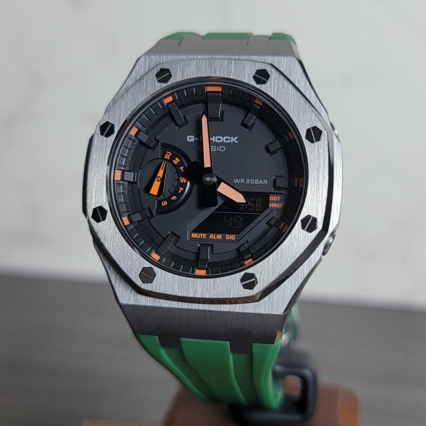 Casioak Mod Watch Gray Case Green Rubber Strap Black Black Time Mark Black Dial Orange 44mm- Casioak Mod Casio G-Shock Royal Oak Custom Mens Luxury Watches Ga2100