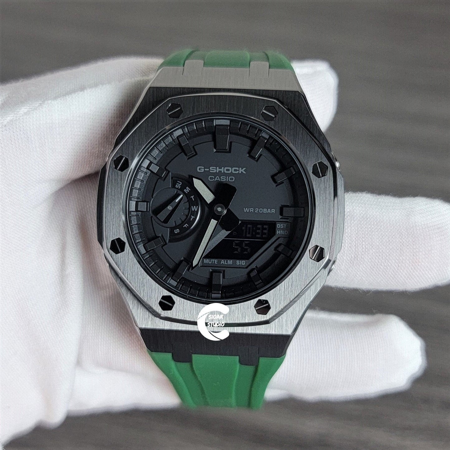 Casioak Mod Watch Gray Case Green Rubber Strap Black Time Mark Black Dial 44mm- Casioak Mod Casio G-Shock Royal Oak Custom Mens Luxury Watches Ga2100