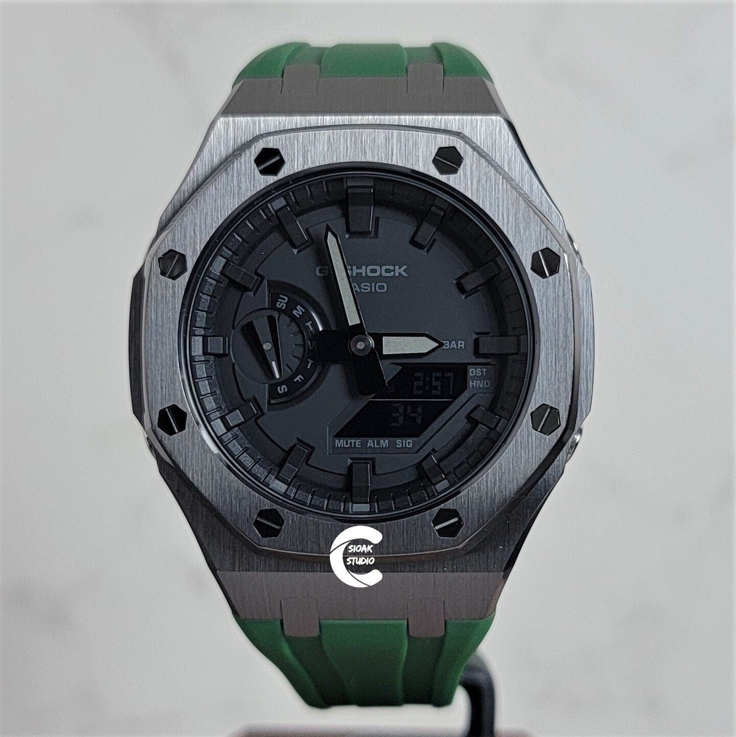 Casioak Mod Watch Gray Case Green Rubber Strap Black Time Mark Black Dial 44mm- Casioak Mod Casio G-Shock Royal Oak Custom Mens Luxury Watches Ga2100