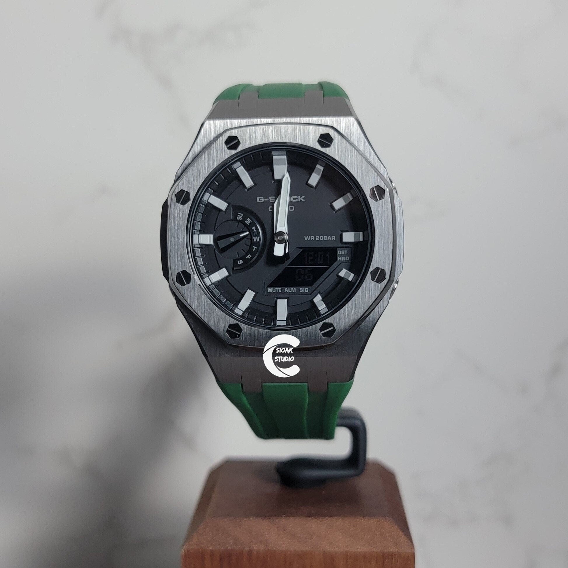 Casioak Mod Watch Gray Case Green Rubber Strap Light Gray Time Mark Black Dial 44mm- Casioak Mod Casio G-Shock Royal Oak Custom Mens Luxury Watches Ga2100