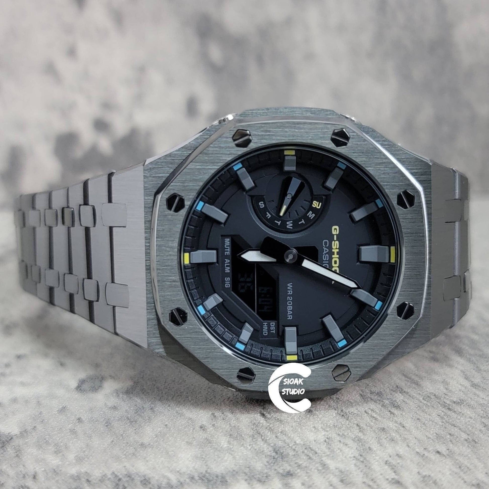 Casioak Mod Watch Gray Case Metal Strap Black Gray Time Mark Black Dial 44mm- Casioak Mod Casio G-Shock Royal Oak Custom Mens Luxury Watches Ga2100