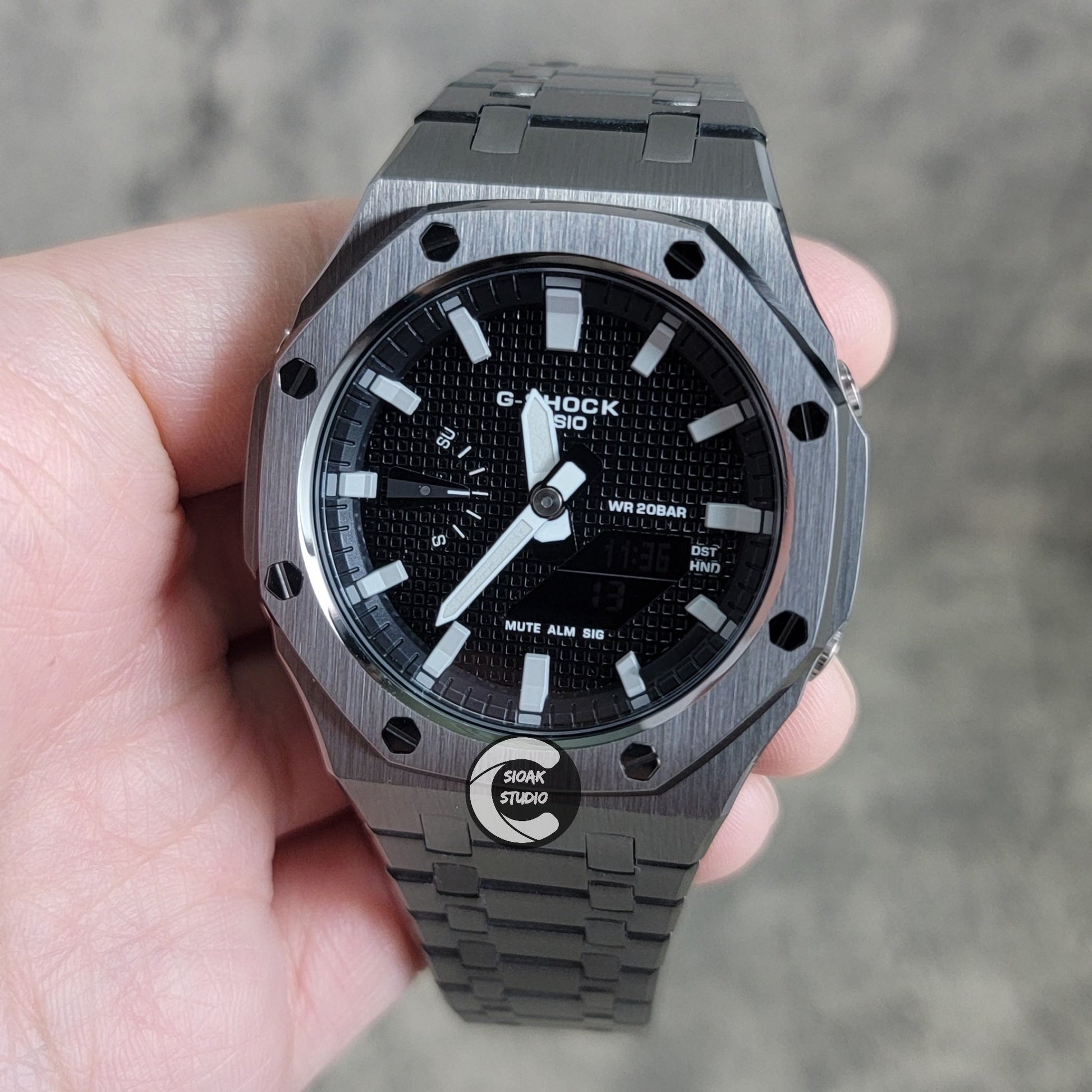 Casioak Mod Watch Gray Case Metal Strap Black Gray Time Mark Black Waffle Dial 44mm- Casioak Mod Casio G-Shock Royal Oak Custom Mens Luxury Watches Ga2100