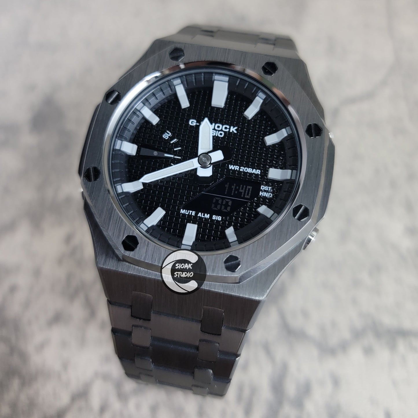 Casioak Mod Watch Gray Case Metal Strap Black Gray Time Mark Black Waffle Dial 44mm- Casioak Mod Casio G-Shock Royal Oak Custom Mens Luxury Watches Ga2100