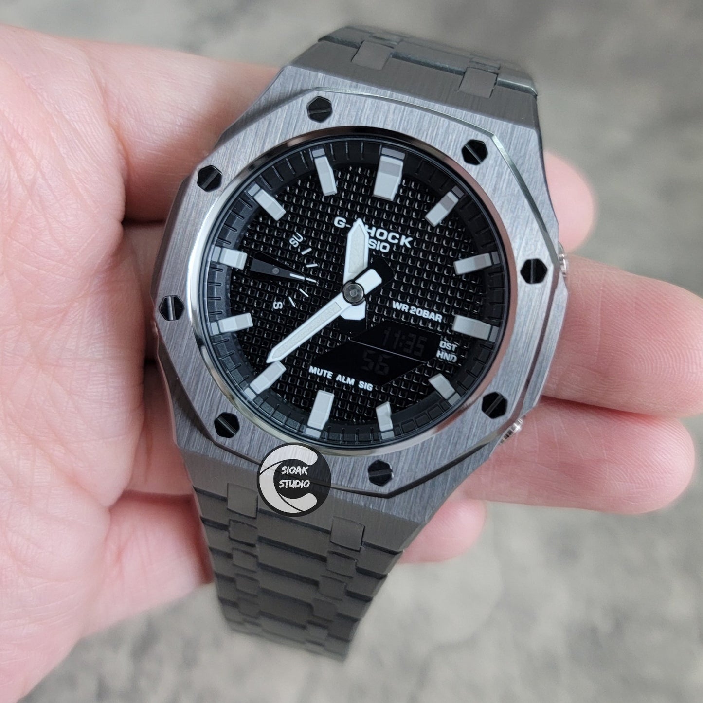 Casioak Mod Watch Gray Case Metal Strap Black Gray Time Mark Black Waffle Dial 44mm- Casioak Mod Casio G-Shock Royal Oak Custom Mens Luxury Watches Ga2100