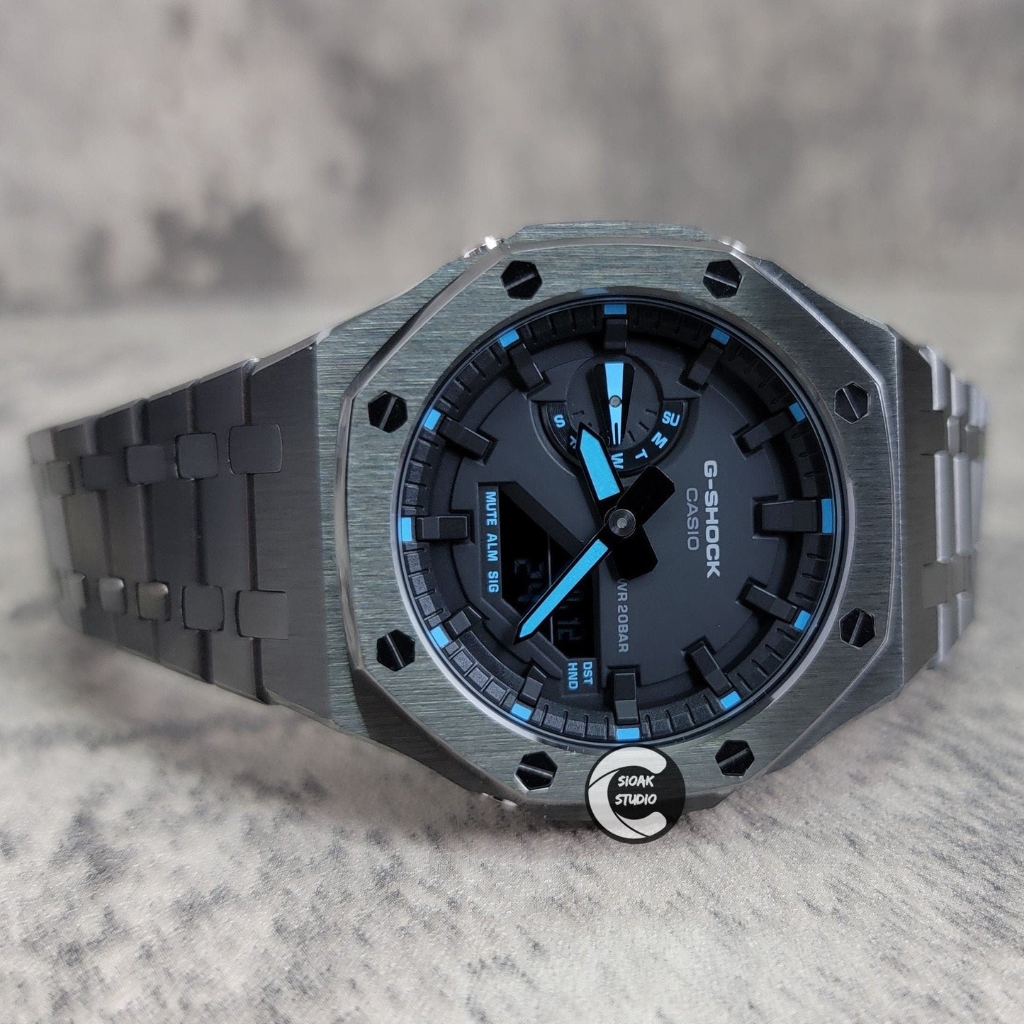 Casioak Mod Watch Gray Case Metal Strap Black Time Mark Black Dial Blue 44mm- Casioak Mod Casio G-Shock Royal Oak Custom Mens Luxury Watches Ga2100