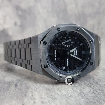 Casioak Mod Watch Gray Case Metal Strap Black Time Mark Black Waffle Dial 44mm- Casioak Mod Casio G-Shock Royal Oak Custom Mens Luxury Watches Ga2100