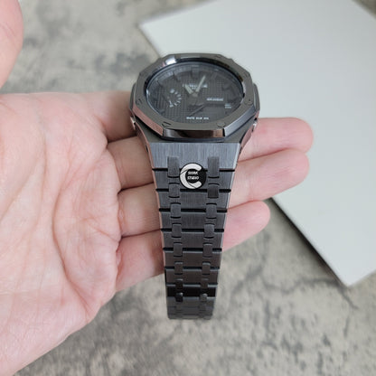 Casioak Mod Watch Gray Case Metal Strap Black Time Mark Black Waffle Dial 44mm- Casioak Mod Casio G-Shock Royal Oak Custom Mens Luxury Watches Ga2100