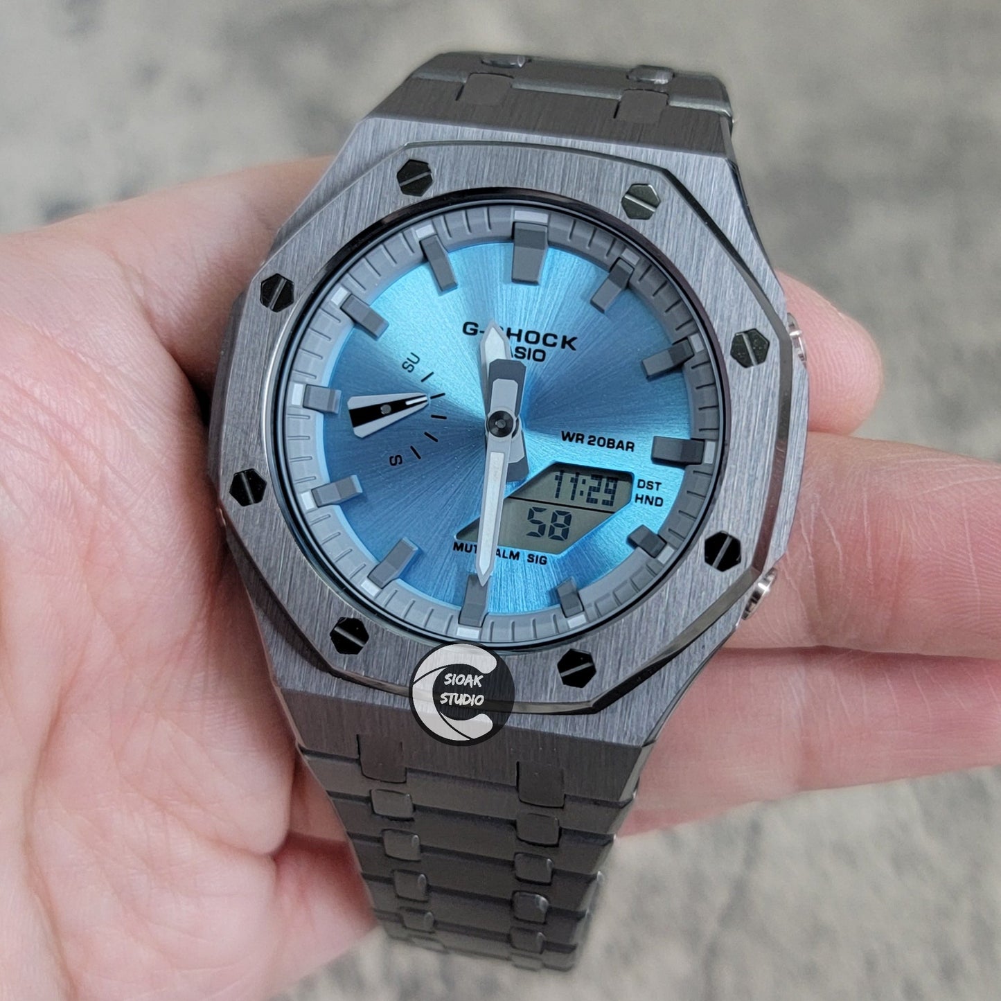 Casioak Mod Watch Gray Case Metal Strap Grayr Time Mark Ice Blue Dial 44mm- Casioak Mod Casio G-Shock Royal Oak Custom Mens Luxury Watches Ga2100