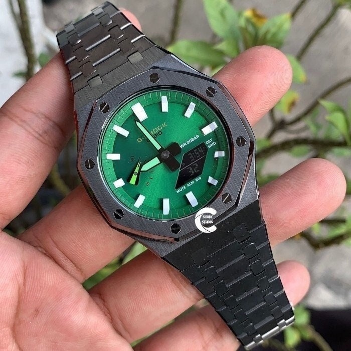 Casioak Mod Watch Gray Case Metal Strap Green White Time Mark Green Dial 44mm- Casioak Mod Casio G-Shock Royal Oak Custom Mens Luxury Watches Ga2100