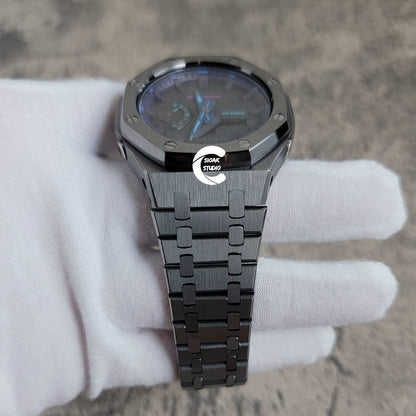 Casioak Mod Watch Gray Case Metal Strap Purple Black Time Mark Black Dial 44mm- Casioak Mod Casio G-Shock Royal Oak Custom Mens Luxury Watches Ga2100