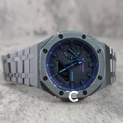 Casioak Mod Watch Gray Case Metal Strap Purple Black Time Mark Black Dial 44mm- Casioak Mod Casio G-Shock Royal Oak Custom Mens Luxury Watches Ga2100