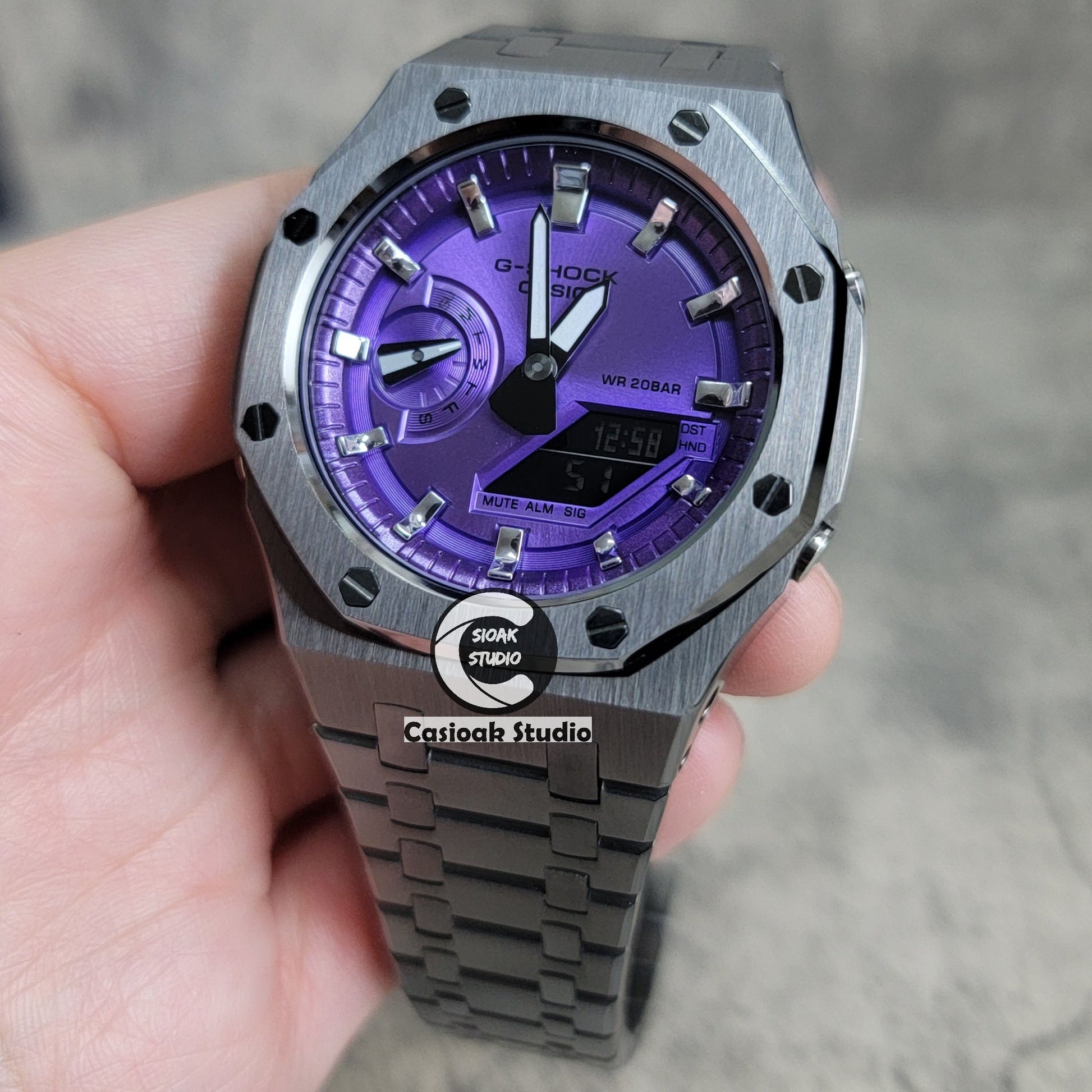 Casioak Mod Watch Gray Case Metal Strap Purple Time Mark Purple Dial 44mm- Casioak Mod Casio G-Shock Royal Oak Custom Mens Luxury Watches Ga2100