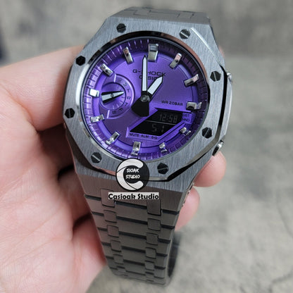 Casioak Mod Watch Gray Case Metal Strap Purple Time Mark Purple Dial 44mm- Casioak Mod Casio G-Shock Royal Oak Custom Mens Luxury Watches Ga2100